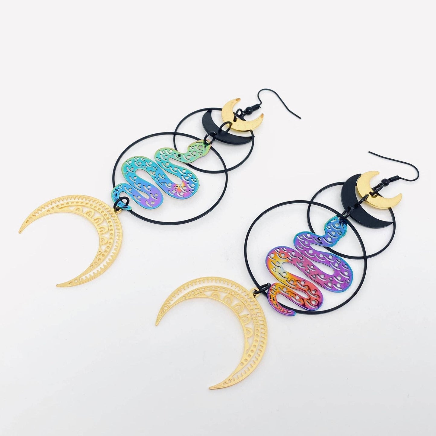 Snake Crescent Pendant Black Ring Dangle Earrings - MS/GT Mio Queena
