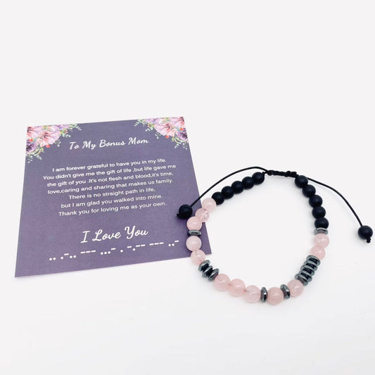 “I Love You” Morse Code Pink Crystal Beaded Bracelets - CS: To My Bonus Mom Mio Queena
