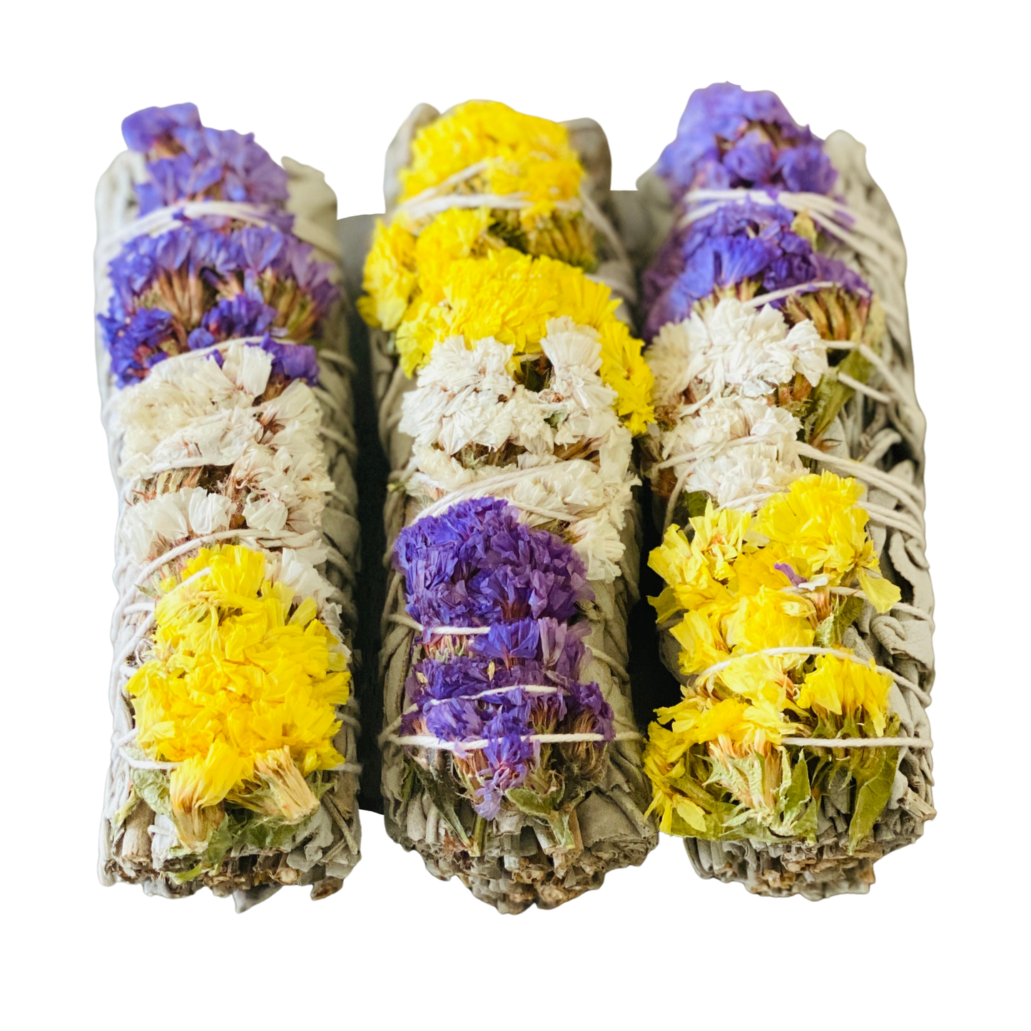White Sage w/ Multi Sinuata Flowers Smudge Sticks in Bulk Picki Nicki