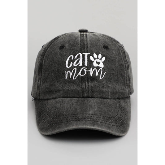 GARMENT DYED CAT MOM ADJUSTABLE DAD HAT: Black / 1 SIZE Girly