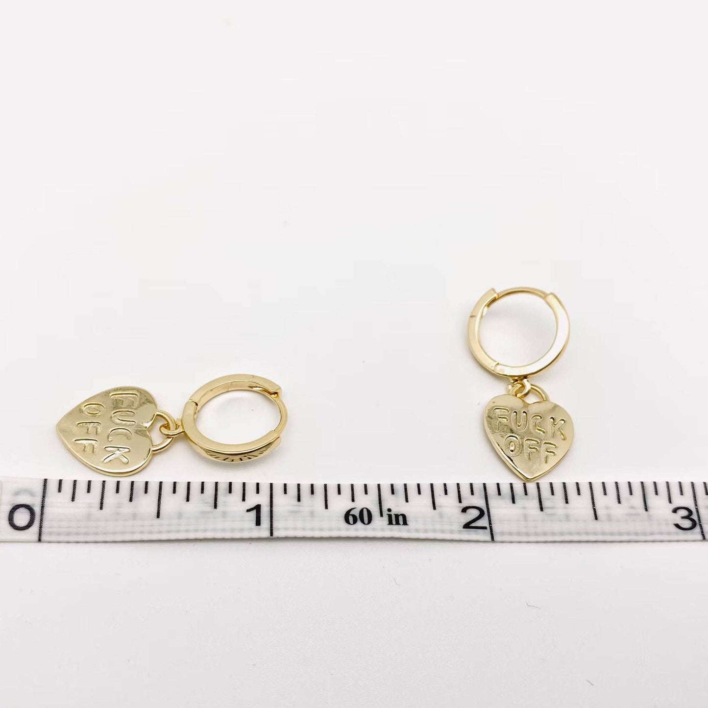 "Fuck off" Heart-shaped Gold Plated Huggie Earrings: Golden Mio Queena