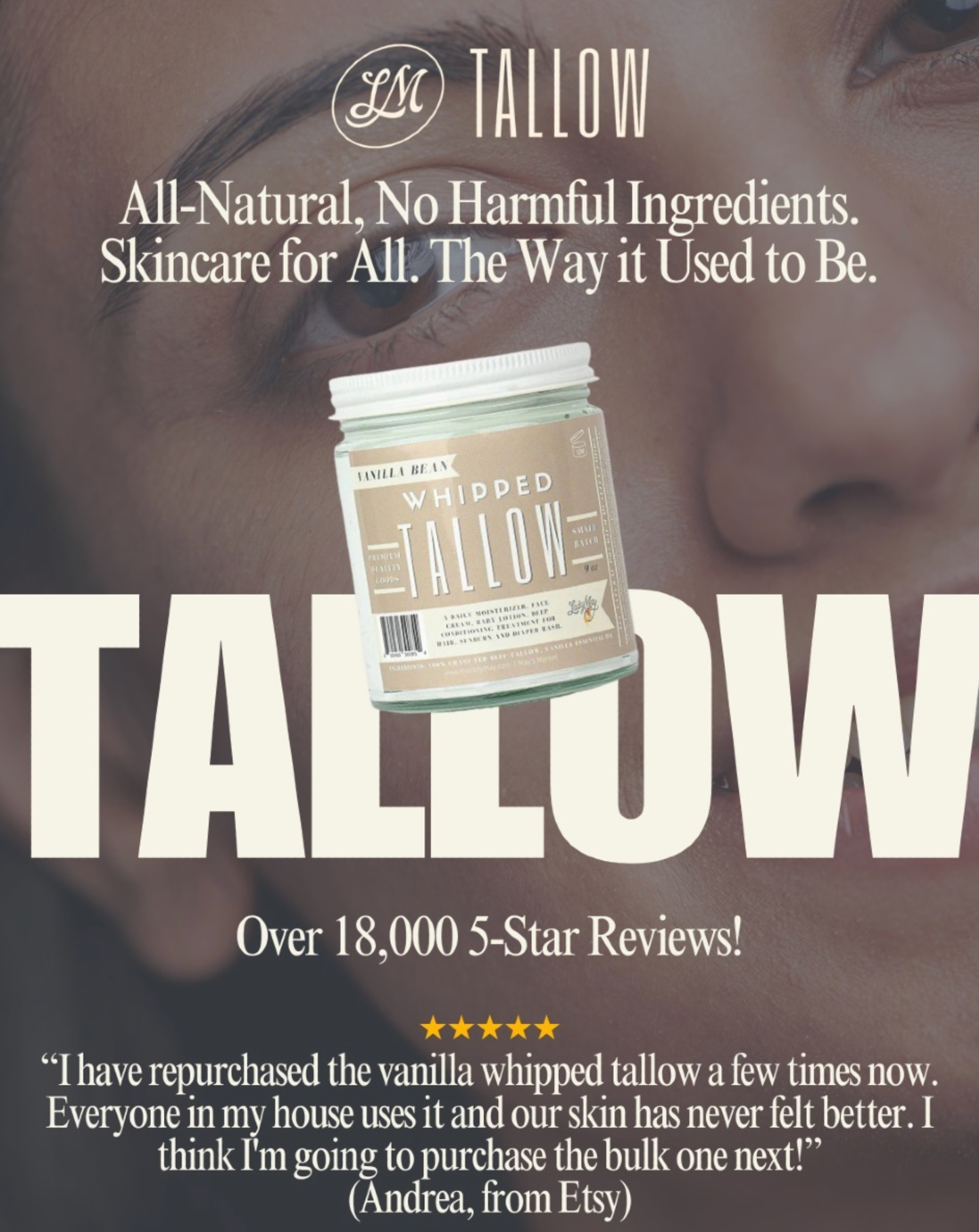 Vanilla Whipped Tallow Moisturizer | 100% Natural Skincare: 9oz Lady May Tallow