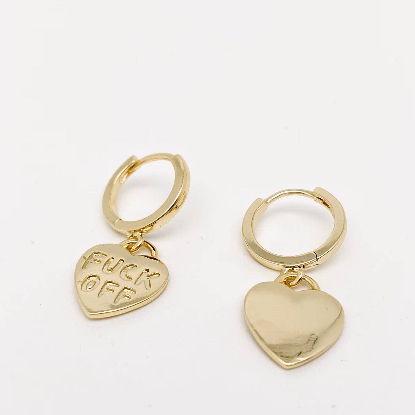 "Fuck off" Heart-shaped Gold Plated Huggie Earrings: Golden Mio Queena