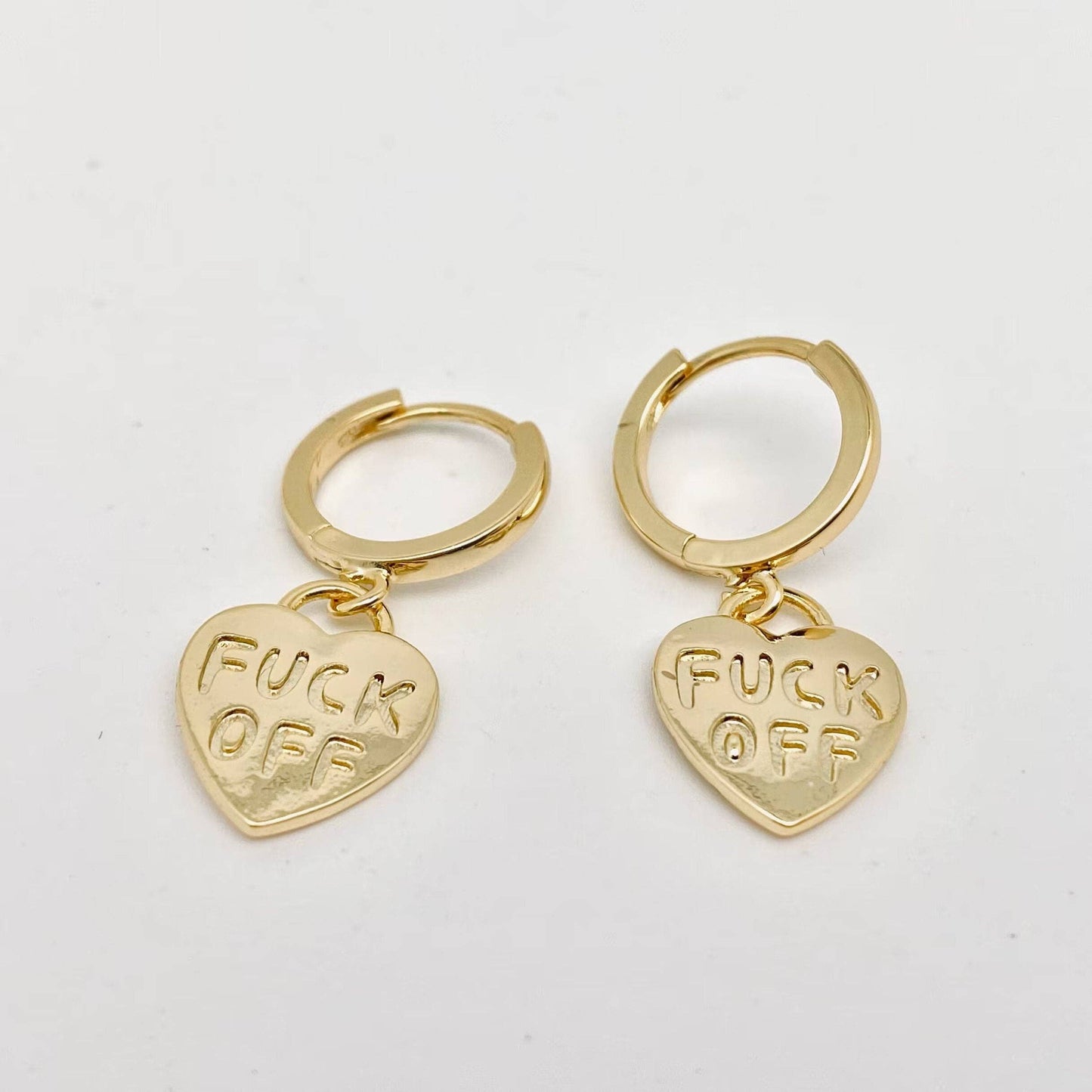 "Fuck off" Heart-shaped Gold Plated Huggie Earrings: Golden Mio Queena