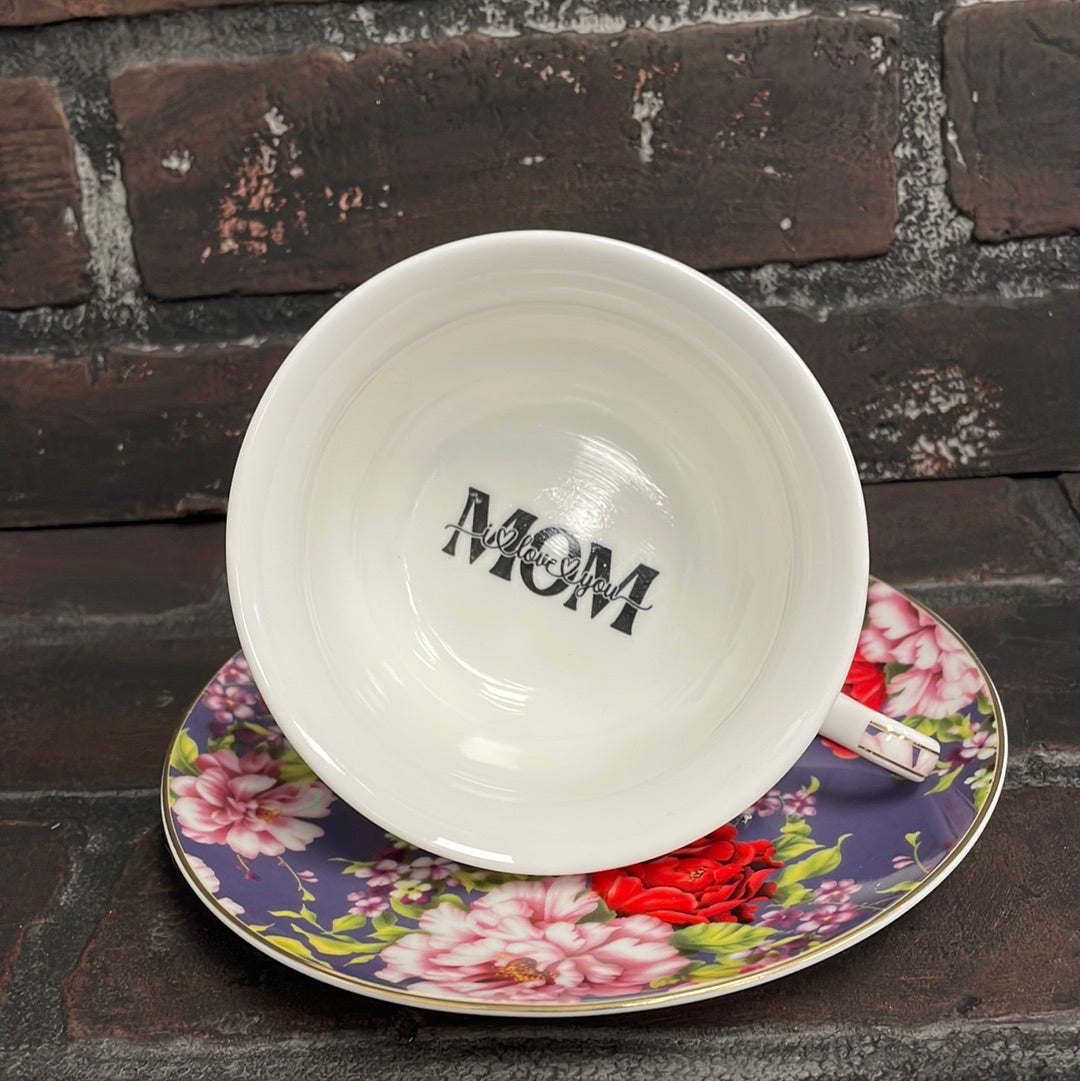 Mom I love you, Purple  Floral Tea Cup & Bye Saucer