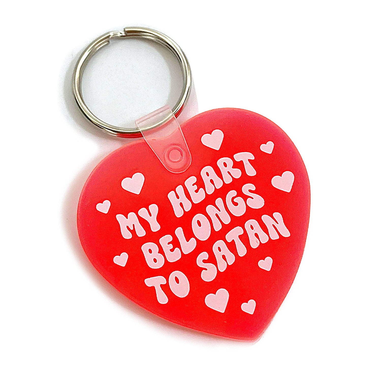 My Heart Belongs To Satan Heart Shaped Vinyl Keychain Krystan Saint Cat