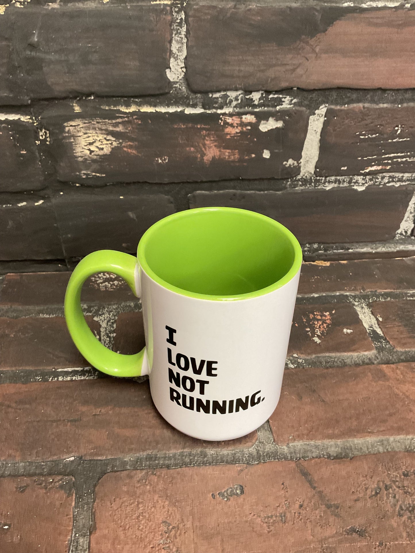 I love not running , Double sided Green inner & Handle 15oz dishwasher safe Coffee Mug Three Black Cats