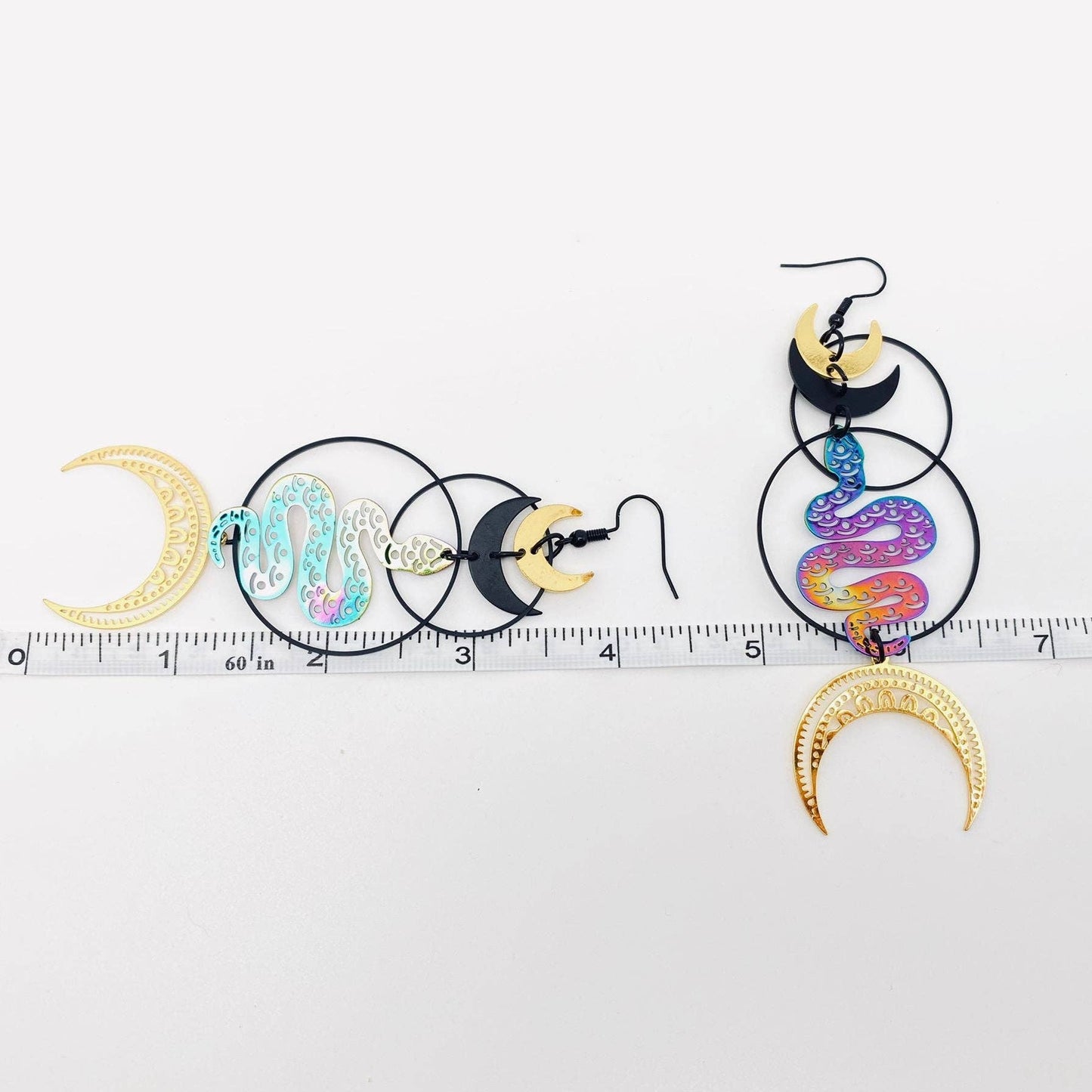 Snake Crescent Pendant Black Ring Dangle Earrings - MS/GT Mio Queena
