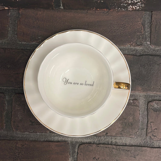 You are so loved, White teacup set with gold trim