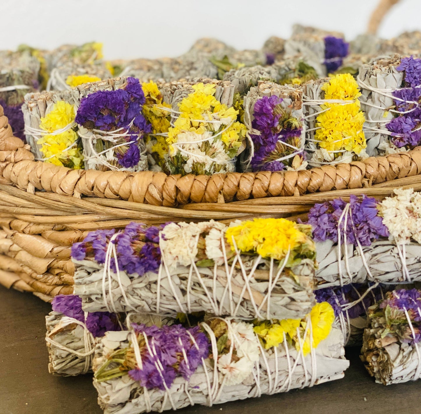 White Sage w/ Multi Sinuata Flowers Smudge Sticks in Bulk Picki Nicki