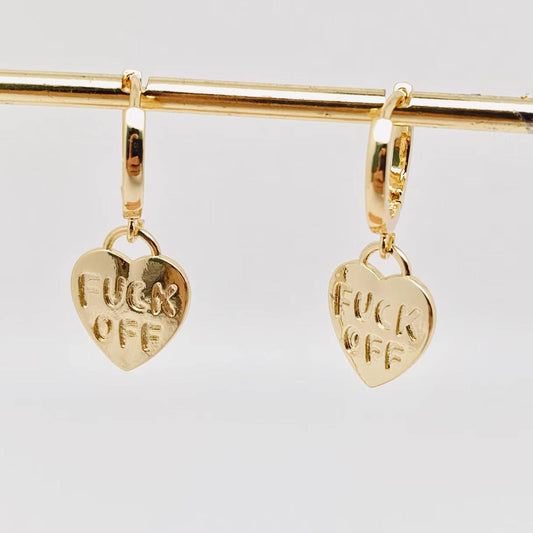 "Fuck off" Heart-shaped Gold Plated Huggie Earrings: Golden Mio Queena