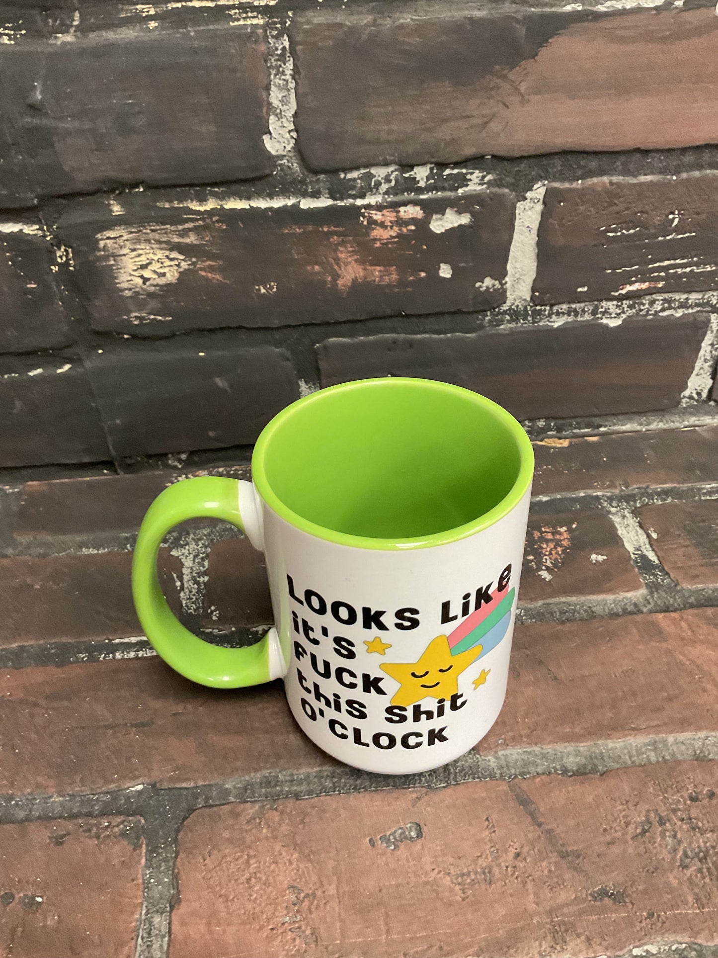 Looks like it’s fuck this shit oclock, Double sided Green inner & Handle 15oz dishwasher safe Coffee Mug Three Black Cats