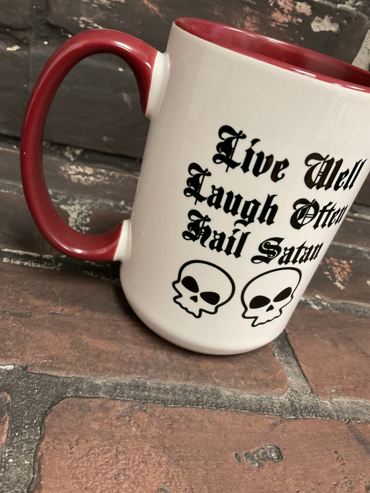 Live well laugh often hail satan, Double sided 15oz dishwasher safe Coffee Mug Three Black Cats