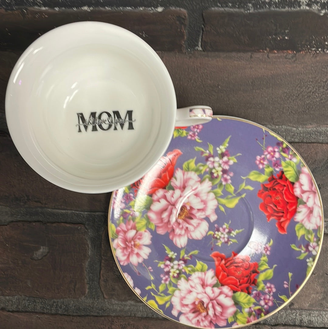 Mom I love you, Purple  Floral Tea Cup & Bye Saucer