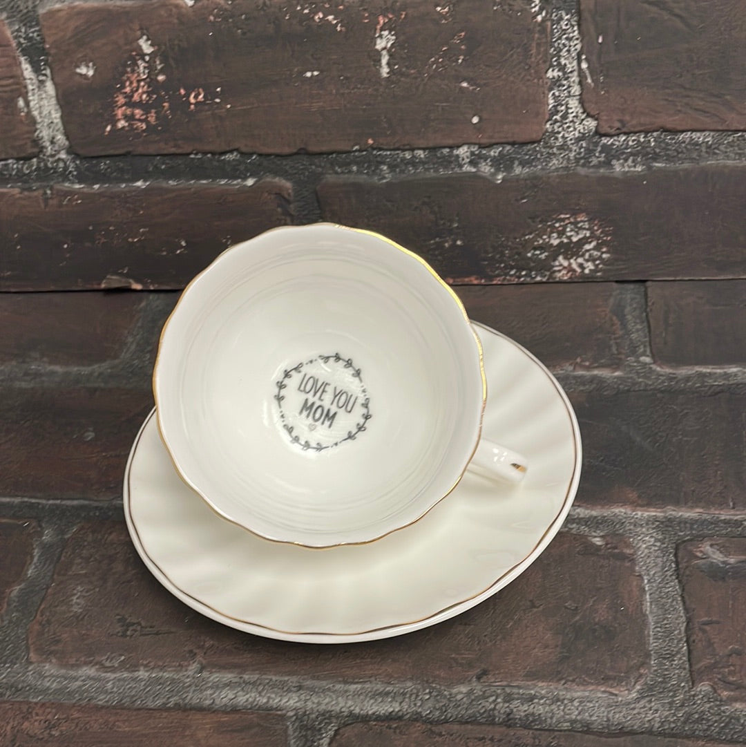 Love you mom, White teacup set with gold trim