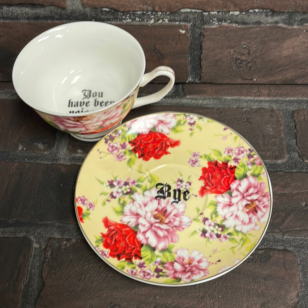You’ve been poisoned, Tea cup and saucer, Yellow and Red Floral - Three Black Cats