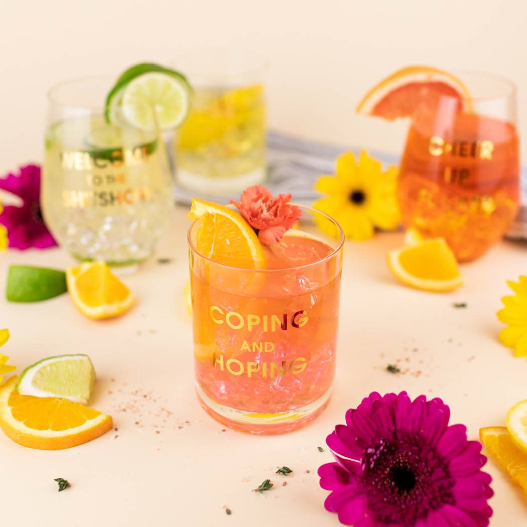 Coping and Hoping - Gold Foil Rocks Glass Chez Gagné