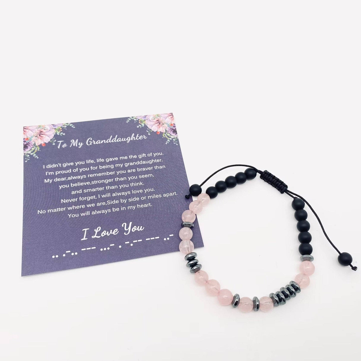 “I Love You” Morse Code Pink Crystal Beaded Bracelets - CS: To My Bonus Mom Mio Queena