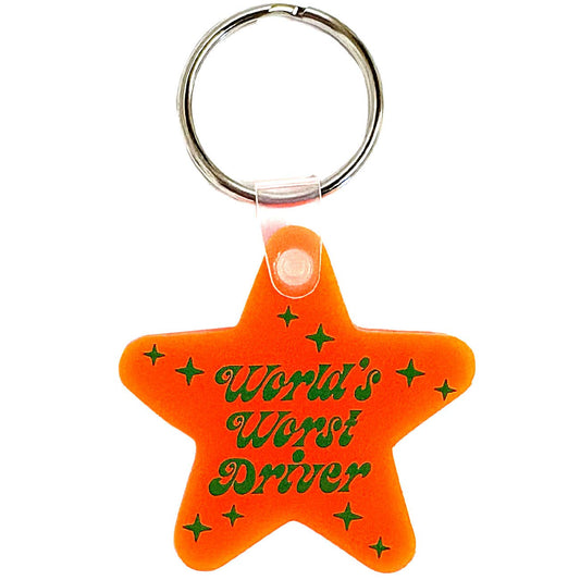 World's Worst Driver Star Shaped Vinyl Keychain Krystan Saint Cat