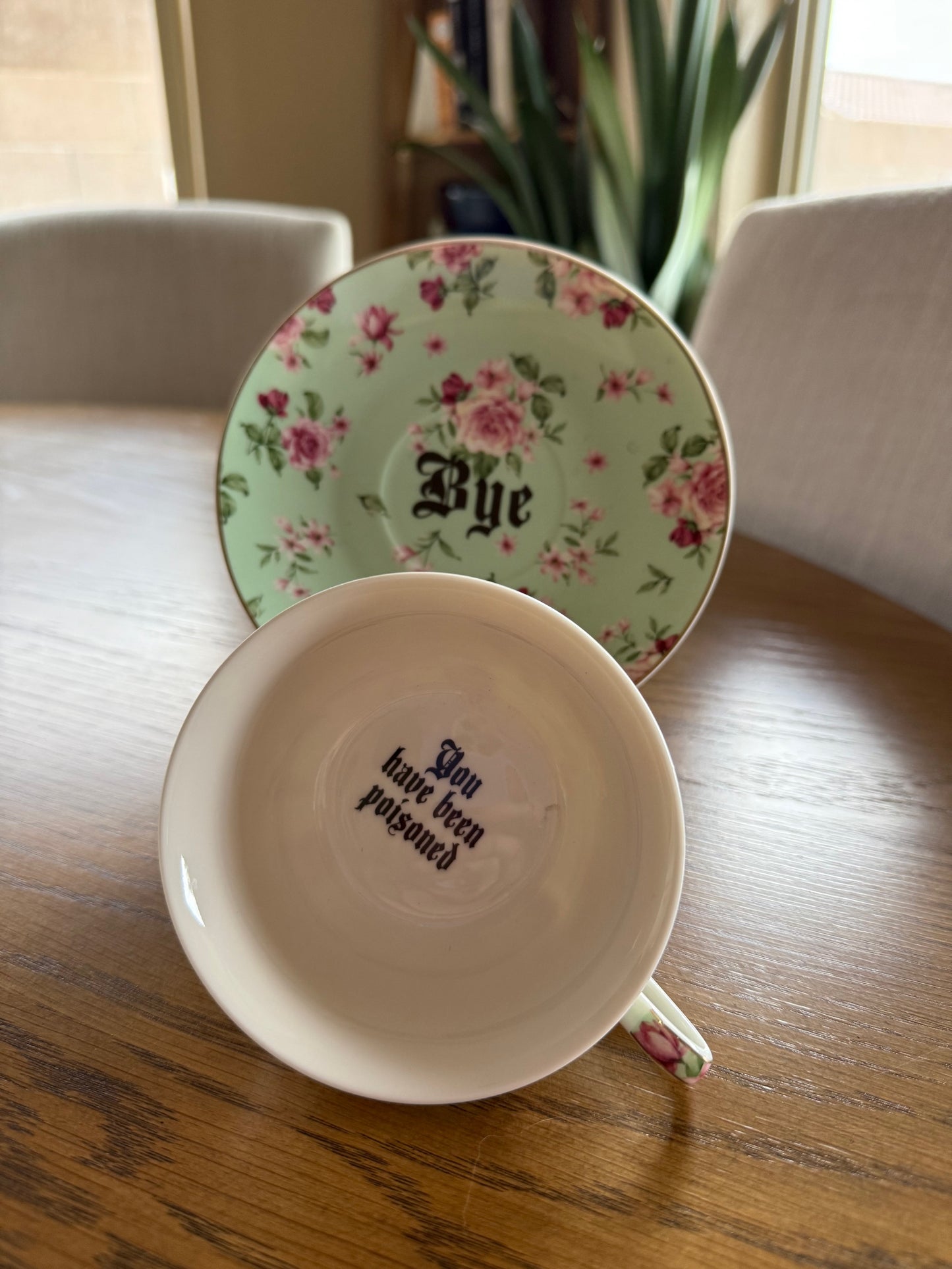 You've been Poisoned Tea Cup & Bye Saucer, Sea Foam Green and pink Rose Floral Pattern