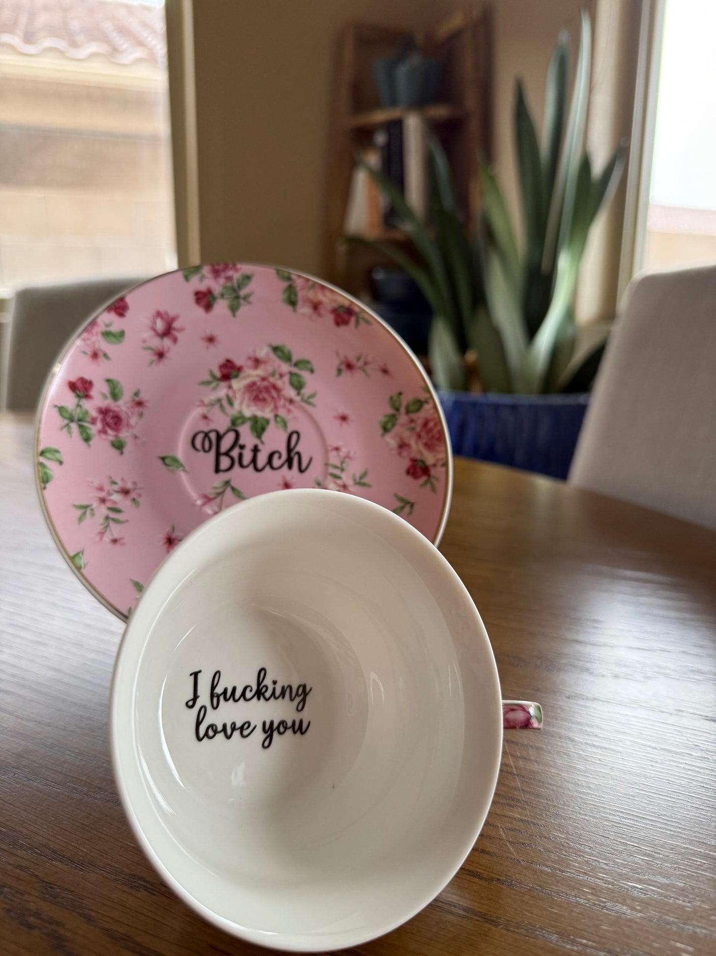 I fucking love you- bitch, Tea cup and saucer, Pink Floral