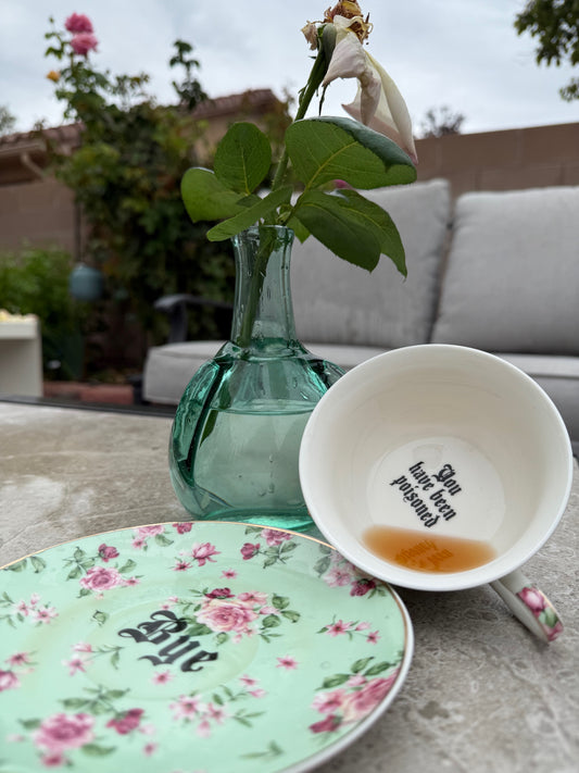 You've been Poisoned Tea Cup & Bye Saucer, Sea Foam Green and pink Rose Floral Pattern