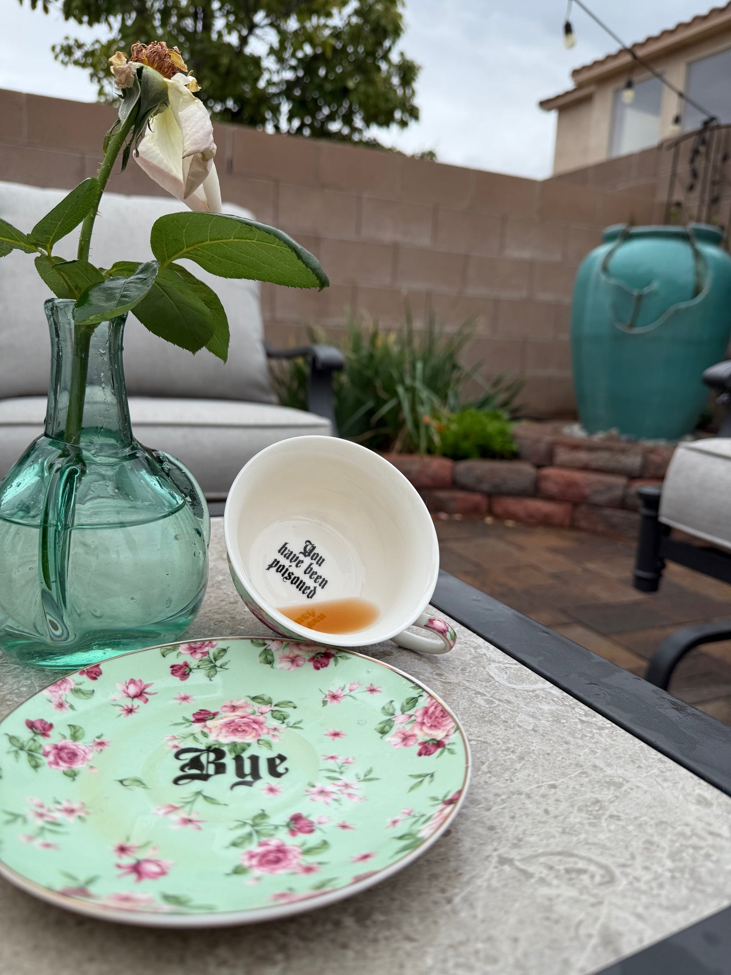 You've been Poisoned Tea Cup & Bye Saucer, Sea Foam Green and pink Rose Floral Pattern