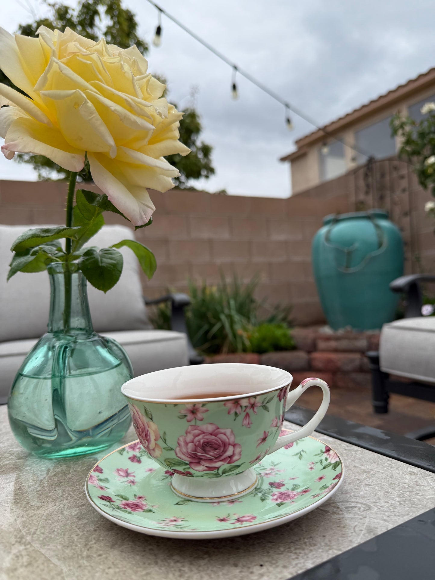 You've been Poisoned Tea Cup & Bye Saucer, Sea Foam Green and pink Rose Floral Pattern