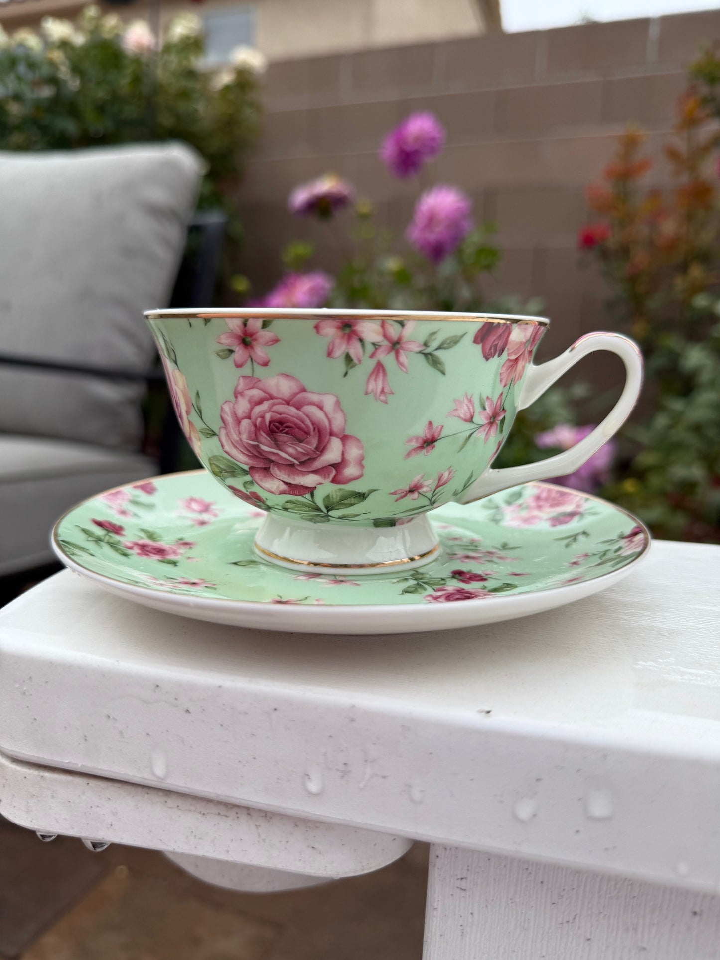 You've been Poisoned Tea Cup & Bye Saucer, Sea Foam Green and pink Rose Floral Pattern