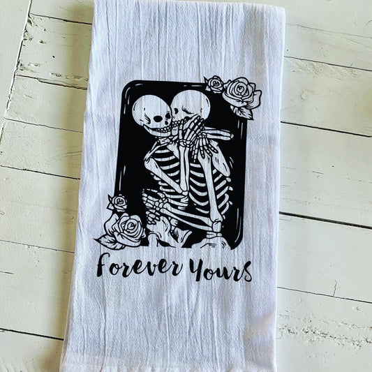 Forever Yours, embracing skeletons Tea towel