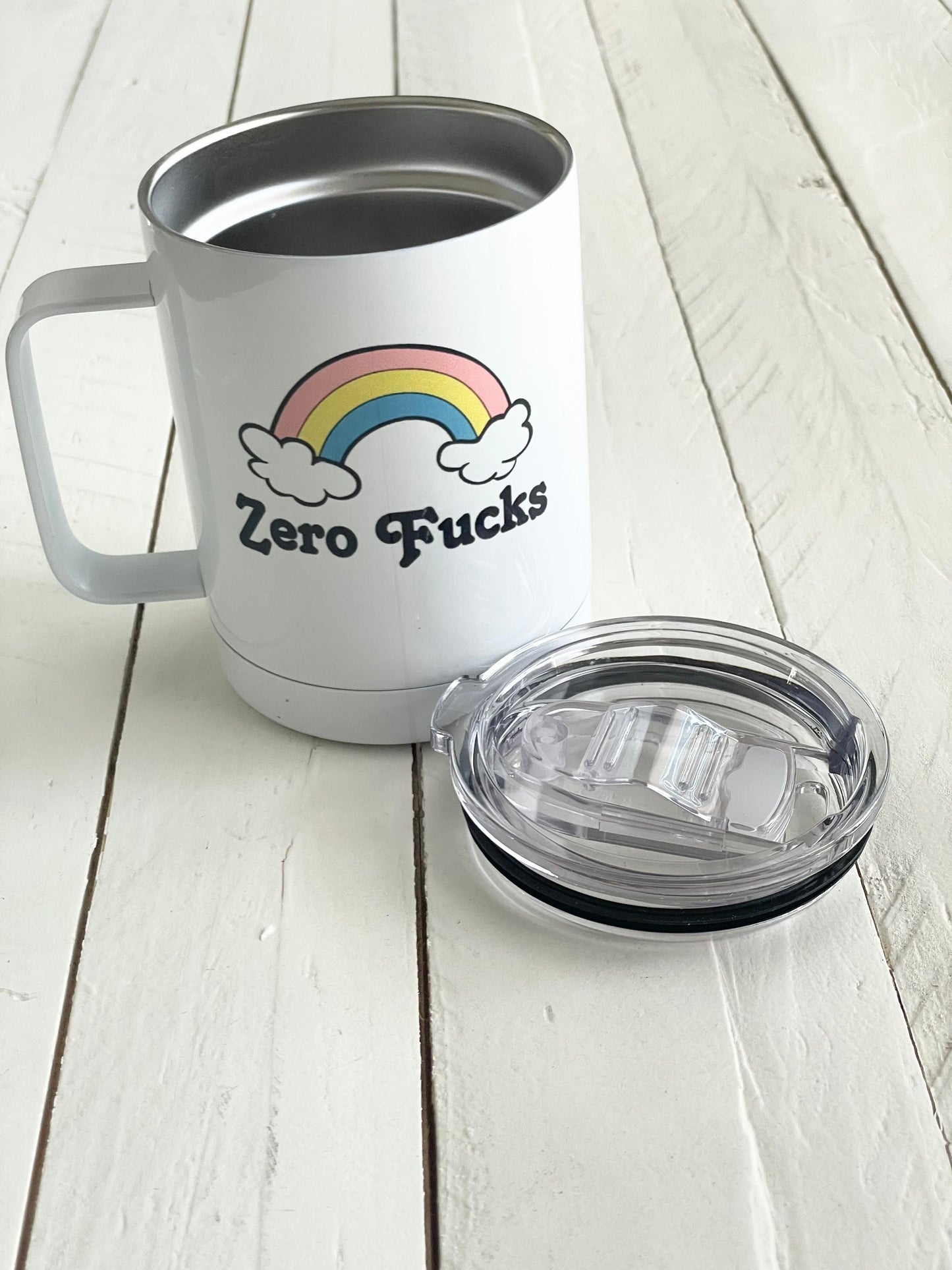 Zero Fucks Rainbow Insulated Mug - 12oz Camp Style with Handle & Leak-Proof Lid
