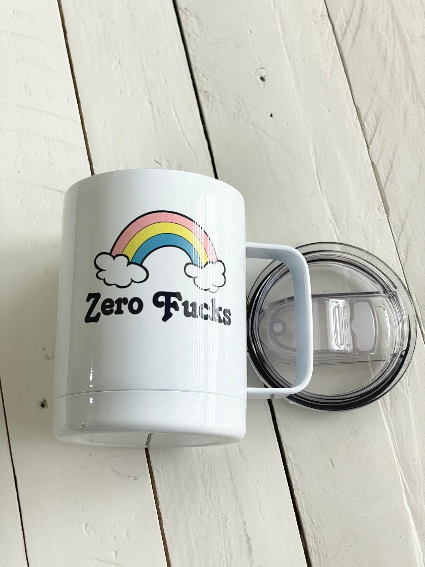 Zero Fucks Rainbow Insulated Mug - 12oz Camp Style with Handle & Leak-Proof Lid
