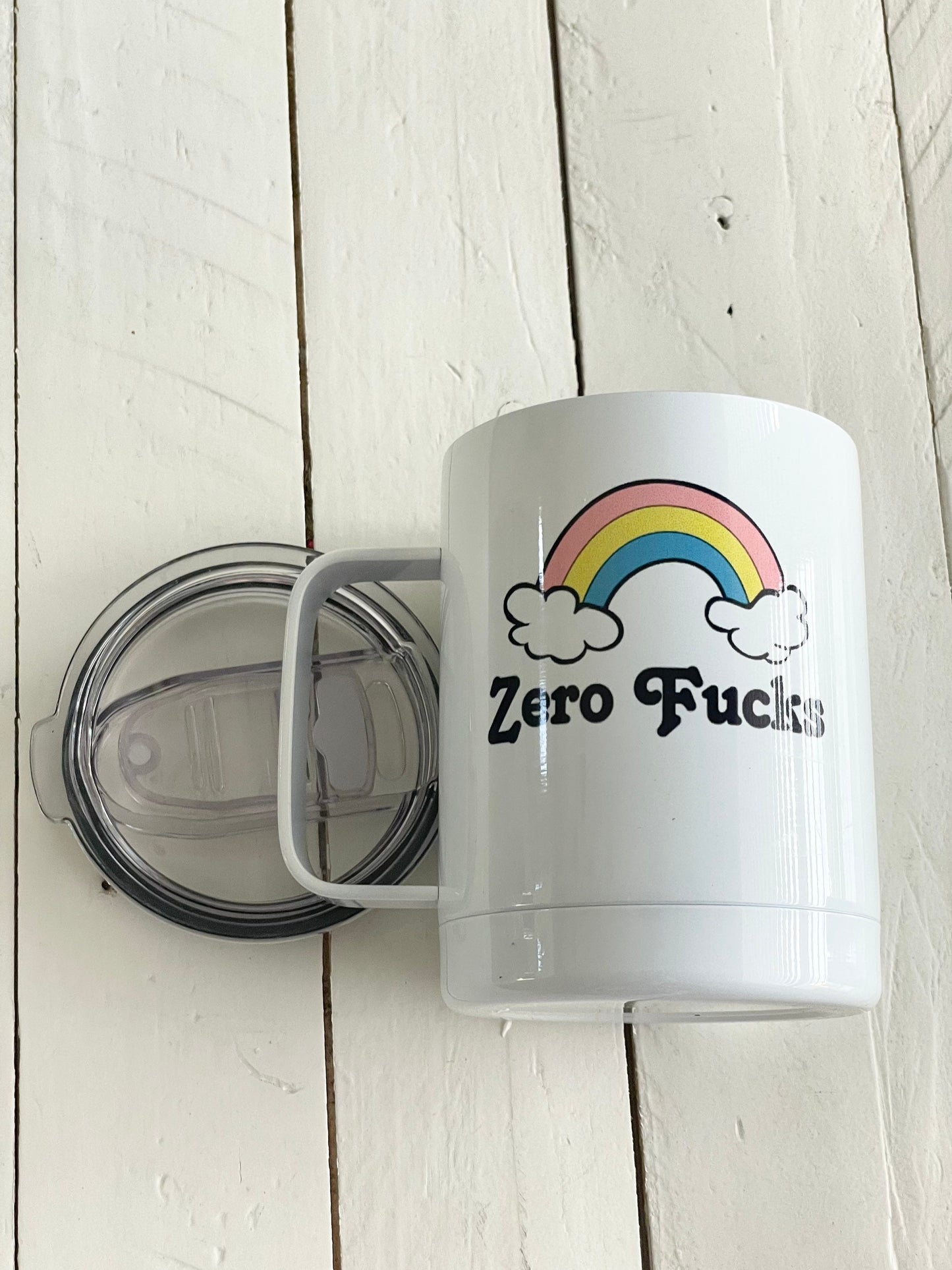 Zero Fucks Rainbow Insulated Mug - 12oz Camp Style with Handle & Leak-Proof Lid