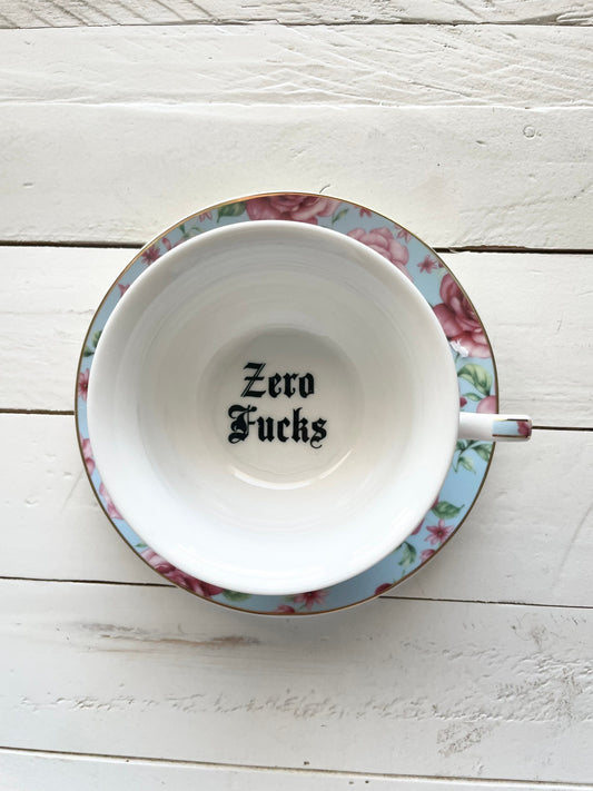 Zero Fucks, Light Blue and pink floral Tea cup and saucer set