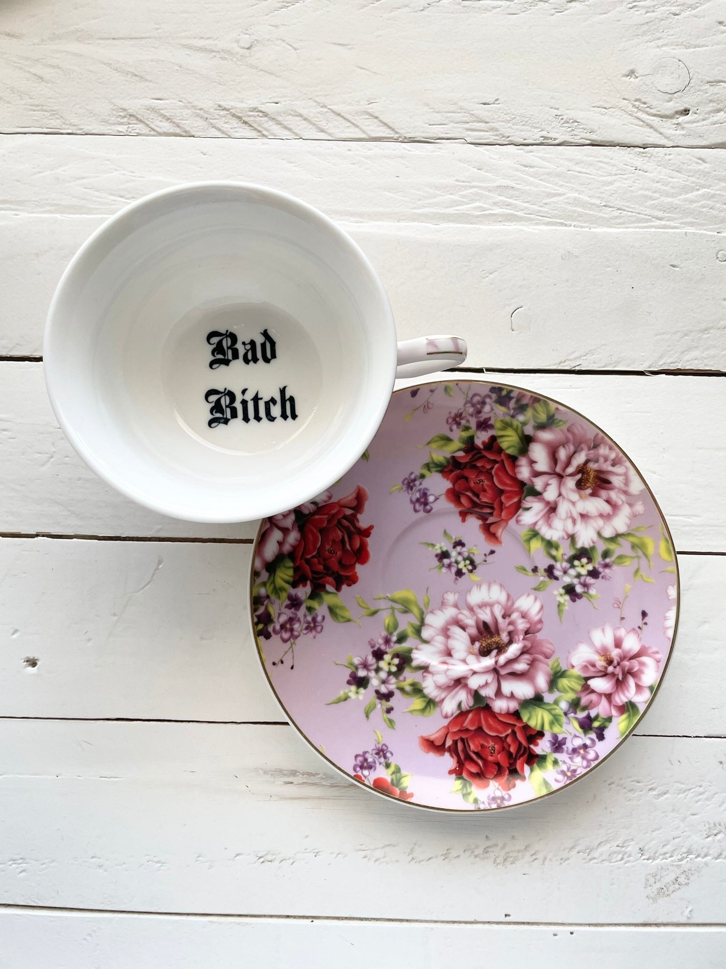 Bad Bitch, Lilac Floral Tea Cup & Saucer