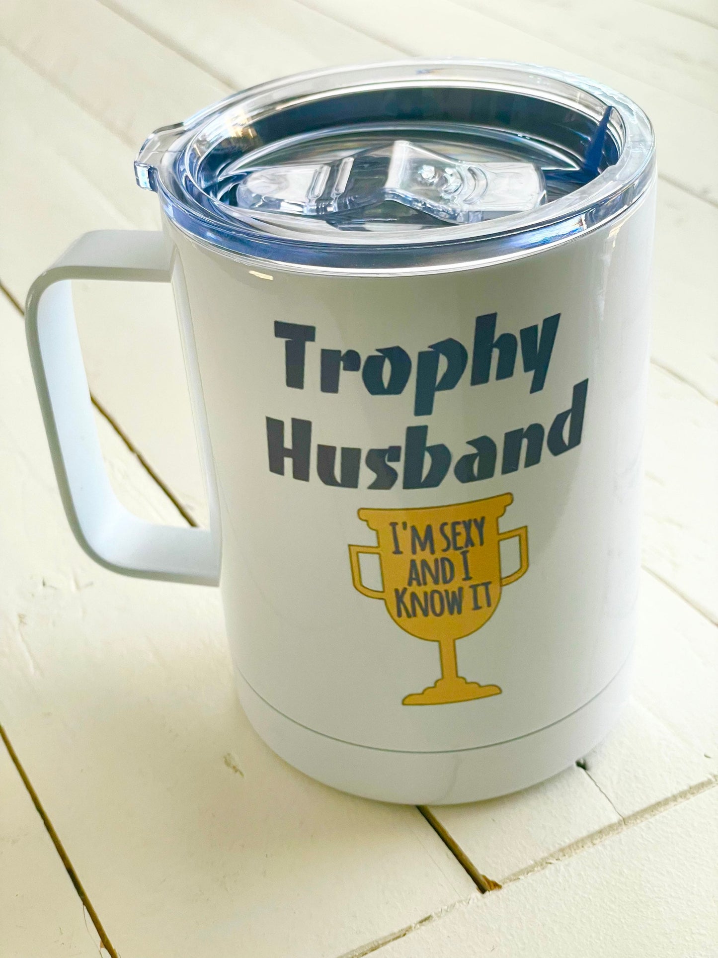 Trophy Husband 12oz Insulated Travel Mug with Handle & Leak-Proof Lid