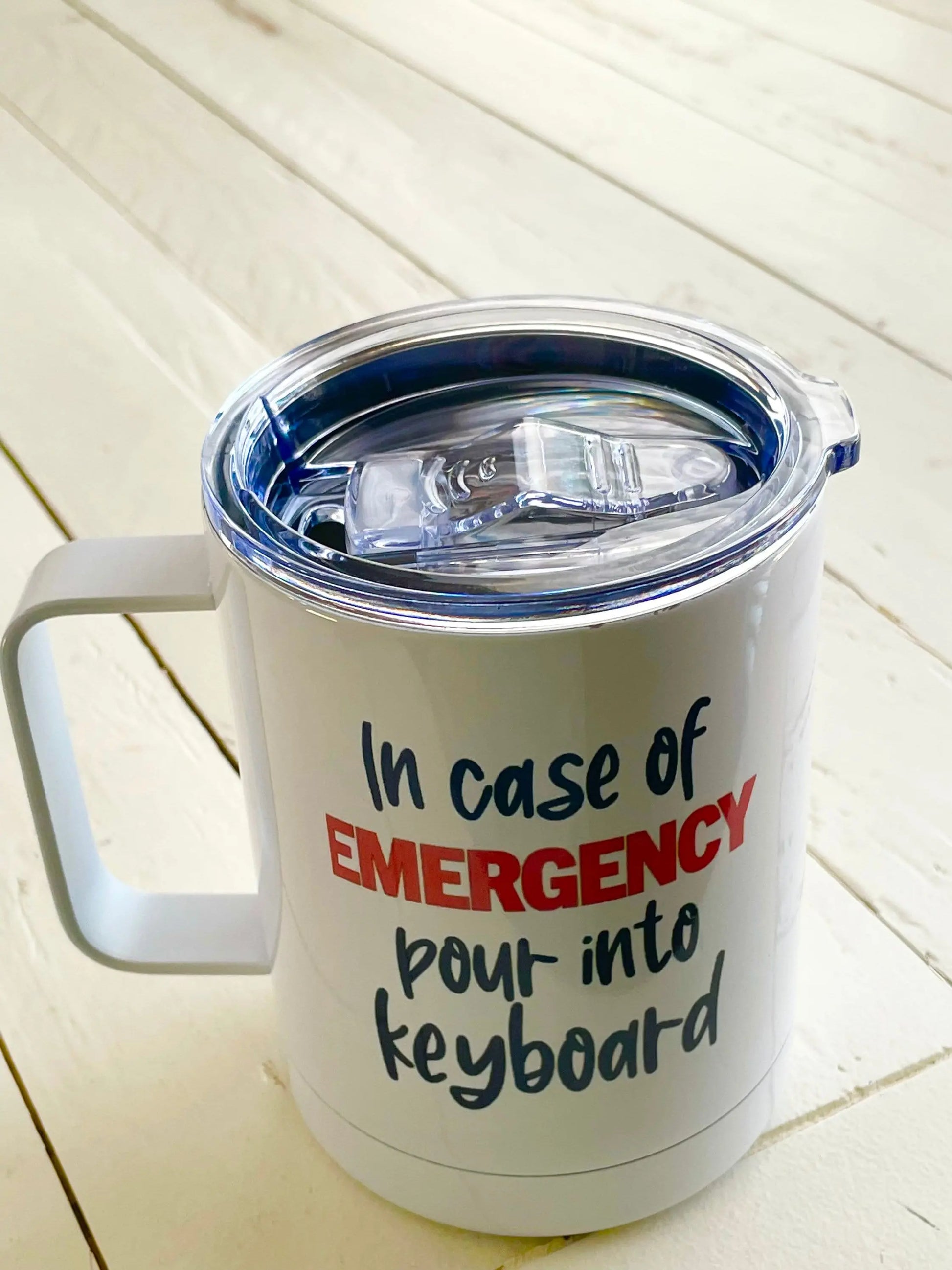 In case of Emergency pour into keyboard, 12oz Camp Style Insulated Mug with Handle & Leak Proof Lid Three Black Cats