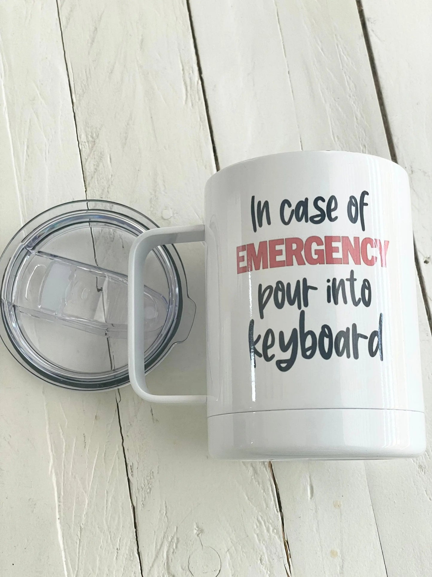 In case of Emergency pour into keyboard, 12oz Camp Style Insulated Mug with Handle & Leak Proof Lid Three Black Cats