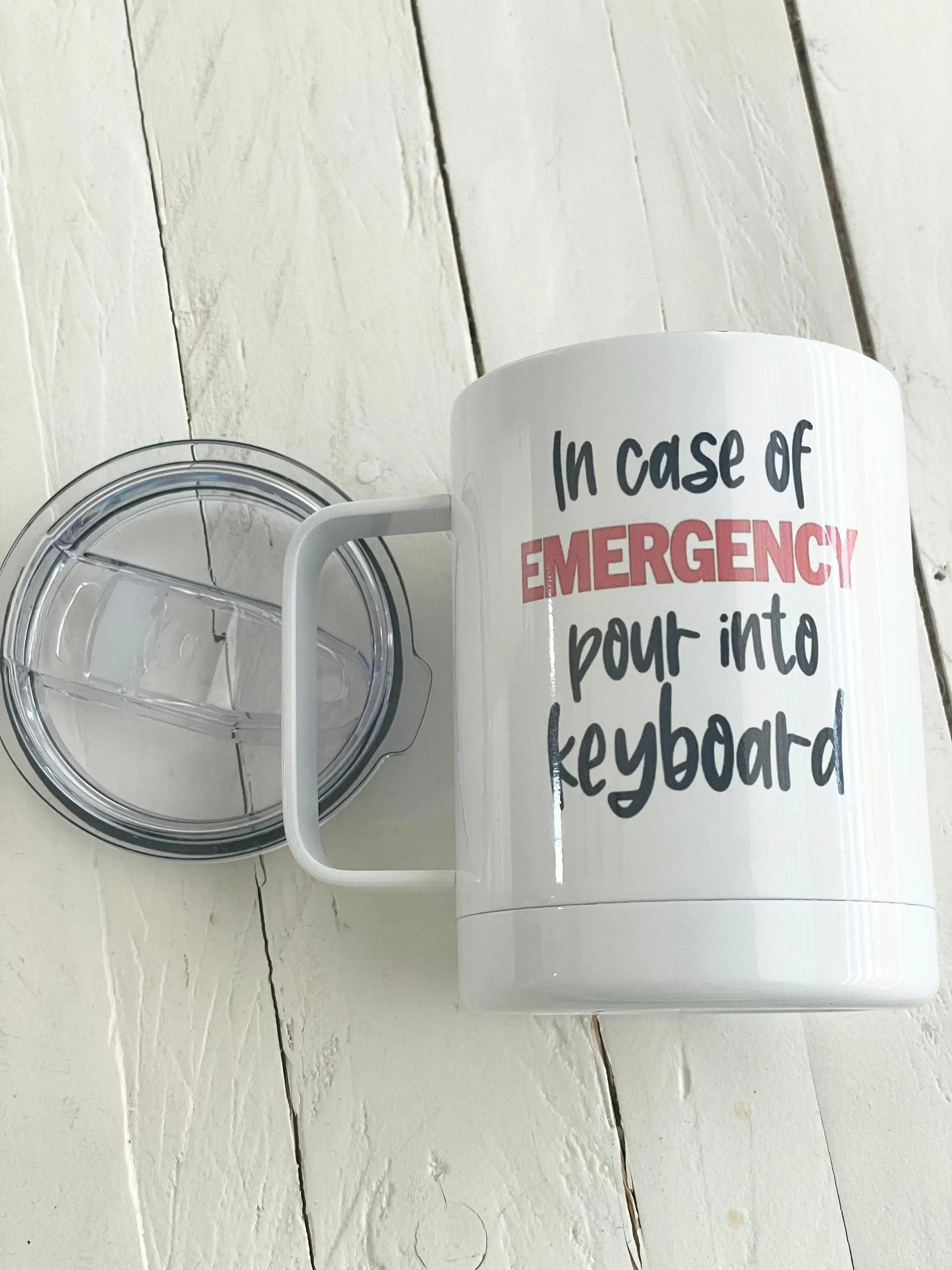 In case of Emergency pour into keyboard, 12oz Camp Style Insulated Mug with Handle & Leak Proof Lid Three Black Cats