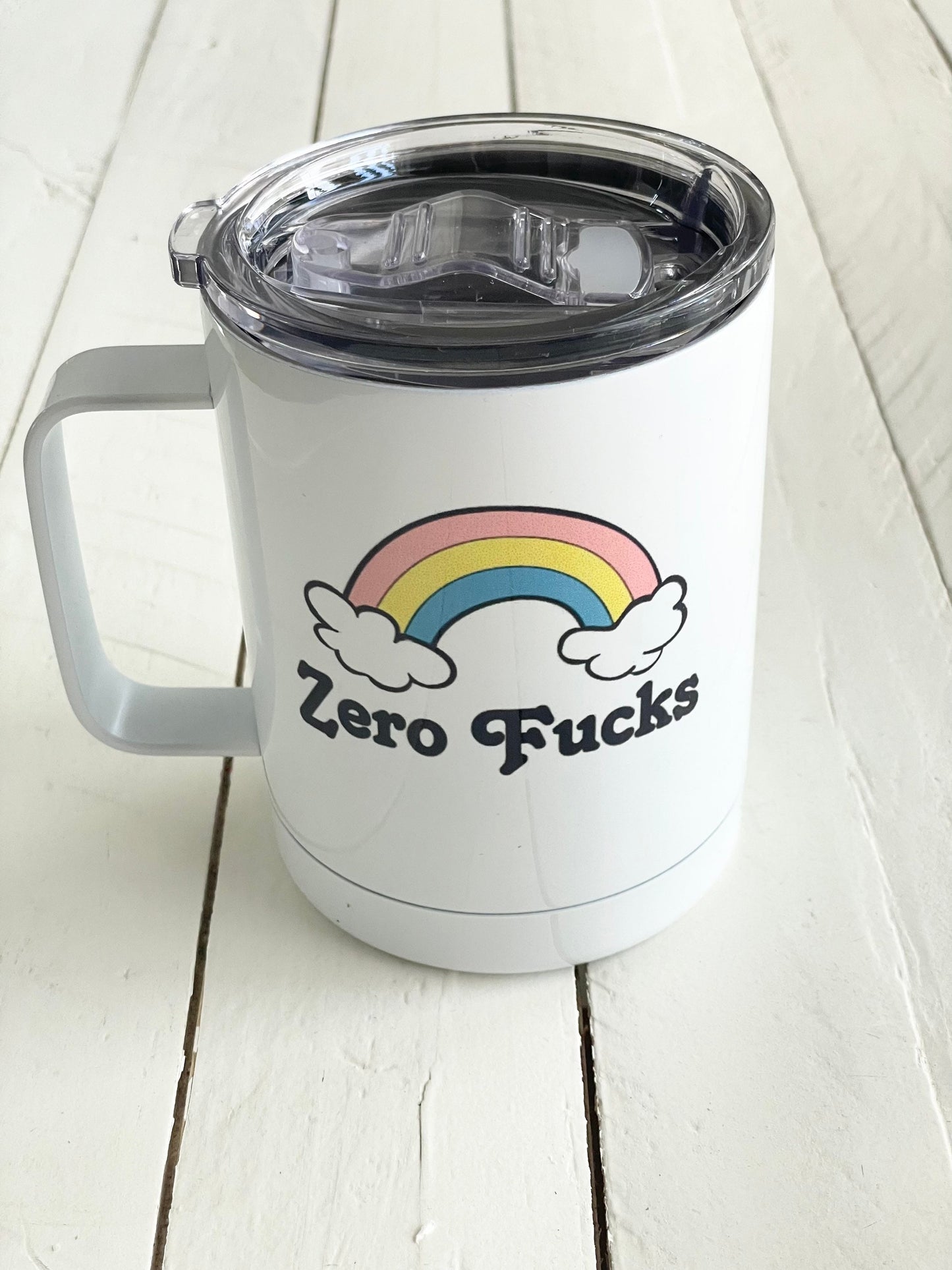 Zero Fucks Rainbow Insulated Mug - 12oz Camp Style with Handle & Leak-Proof Lid