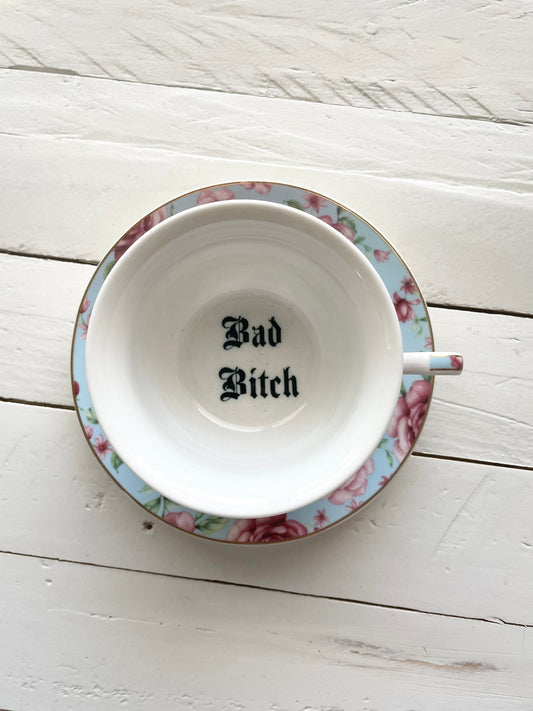 Bad Bitch,Light blue and pink floral Tea cup and saucer set