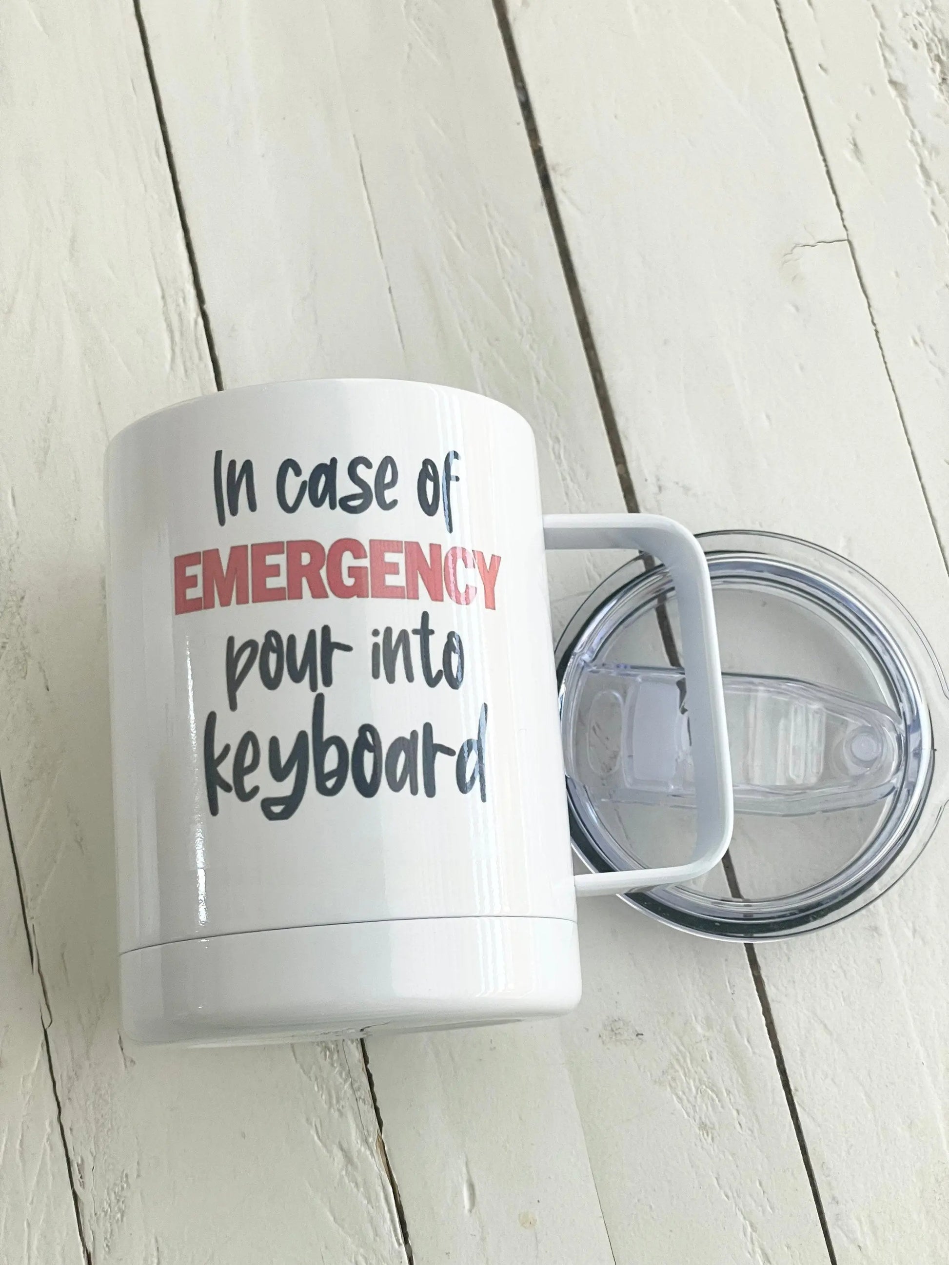 In case of Emergency pour into keyboard, 12oz Camp Style Insulated Mug with Handle & Leak Proof Lid Three Black Cats