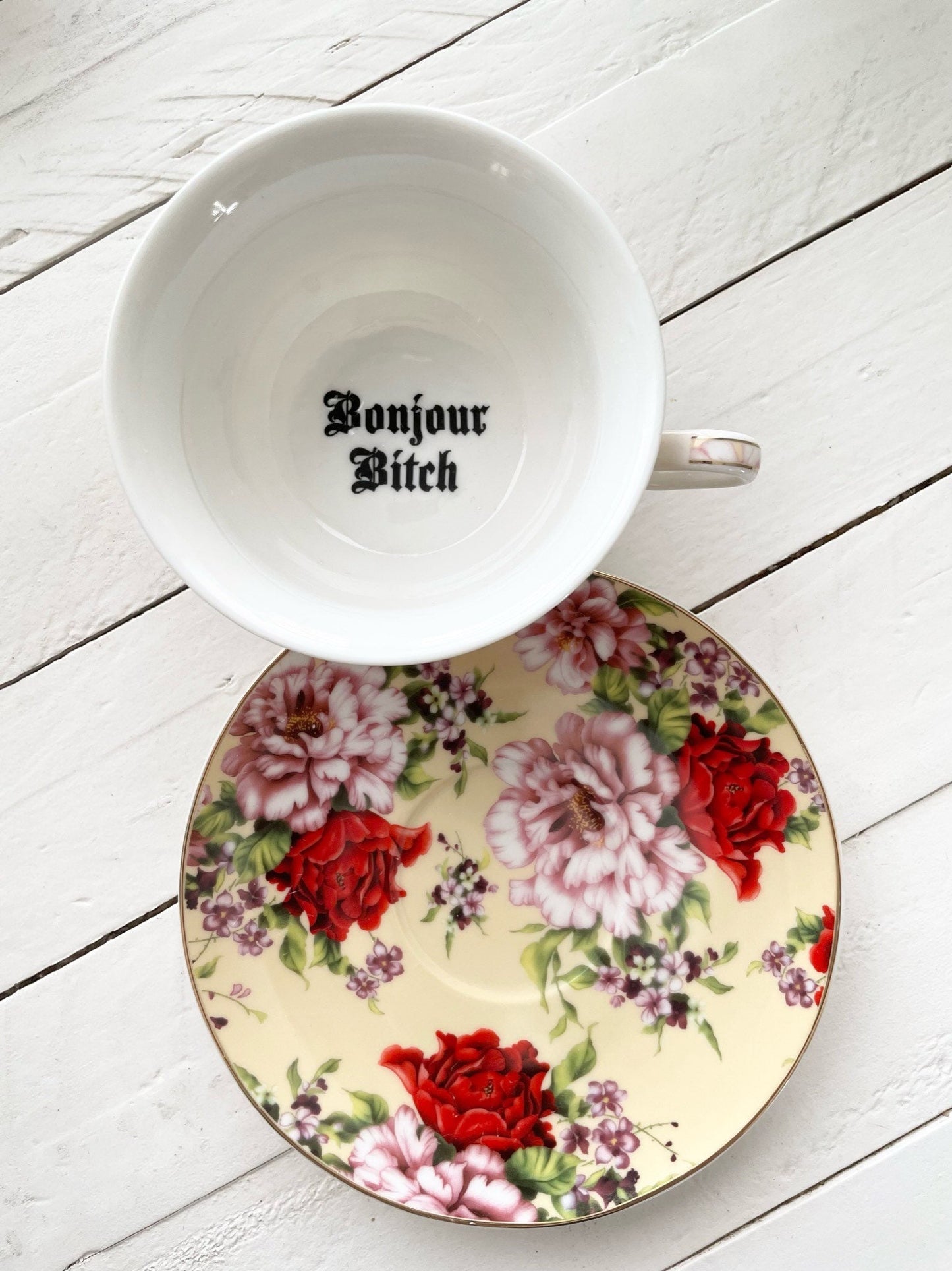 Bonjour Bitch, Tea Cup & Saucer, Yellow and Red Rose Floral Pattern