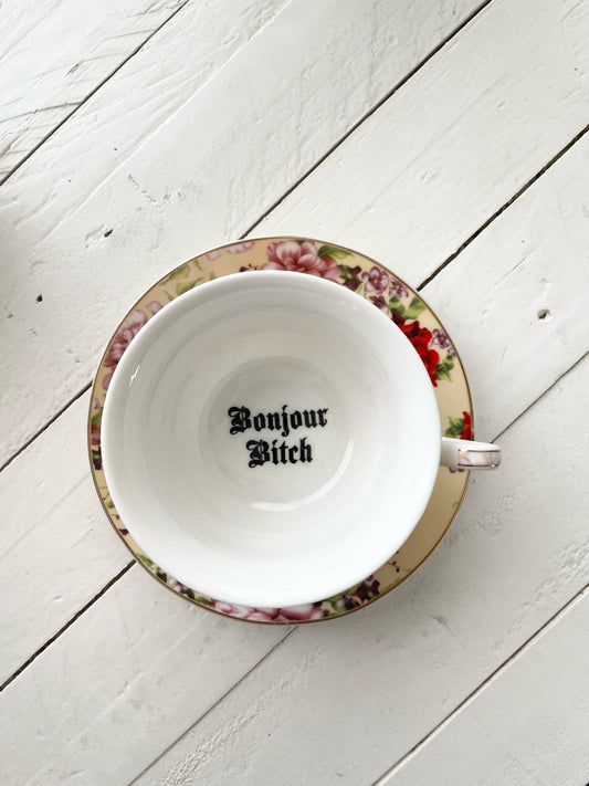Bonjour Bitch, Tea Cup & Saucer, Yellow and Red Rose Floral Pattern