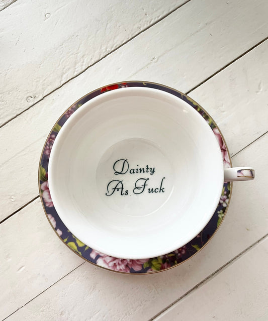 Dainty as Fuck, Purple  Floral Tea Cup & Bye Saucer