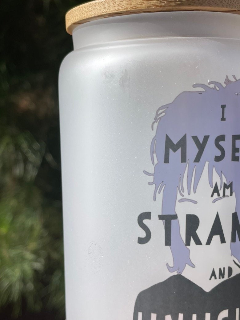 Beetlejuice, I myself am strange and unusual 16oz Frosted Glass Beer Can Tumbler with bamboo Lid and Plastic Straw