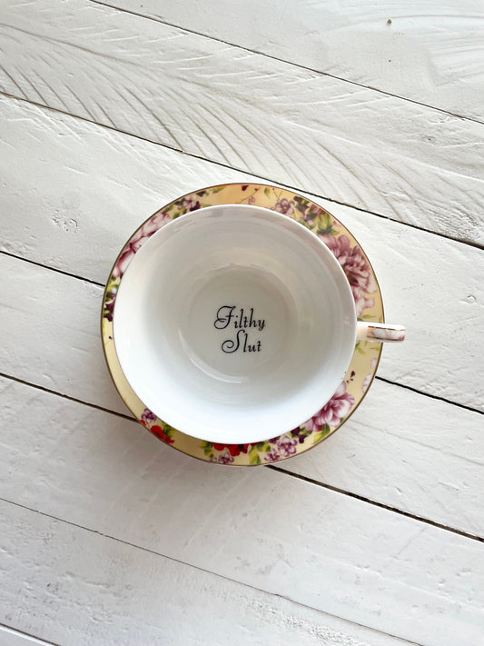 Filthy Slut Tea Cup & Bye Saucer, Yellow and Red Rose Floral Pattern
