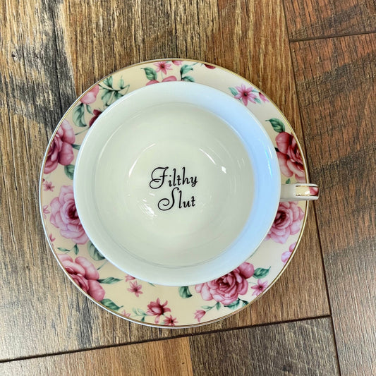 Filthy Slut, Pastel Yellow Tea cup and saucer