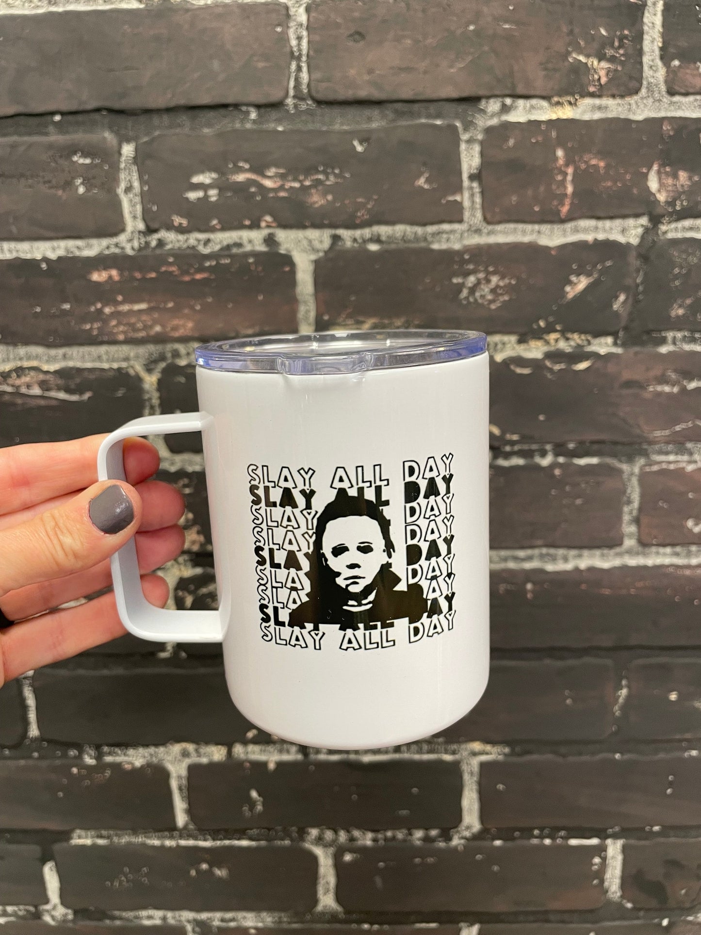 "Slay All Day" | Michael Myers 10oz Insulated Camp Mug with Leak-Proof Lid