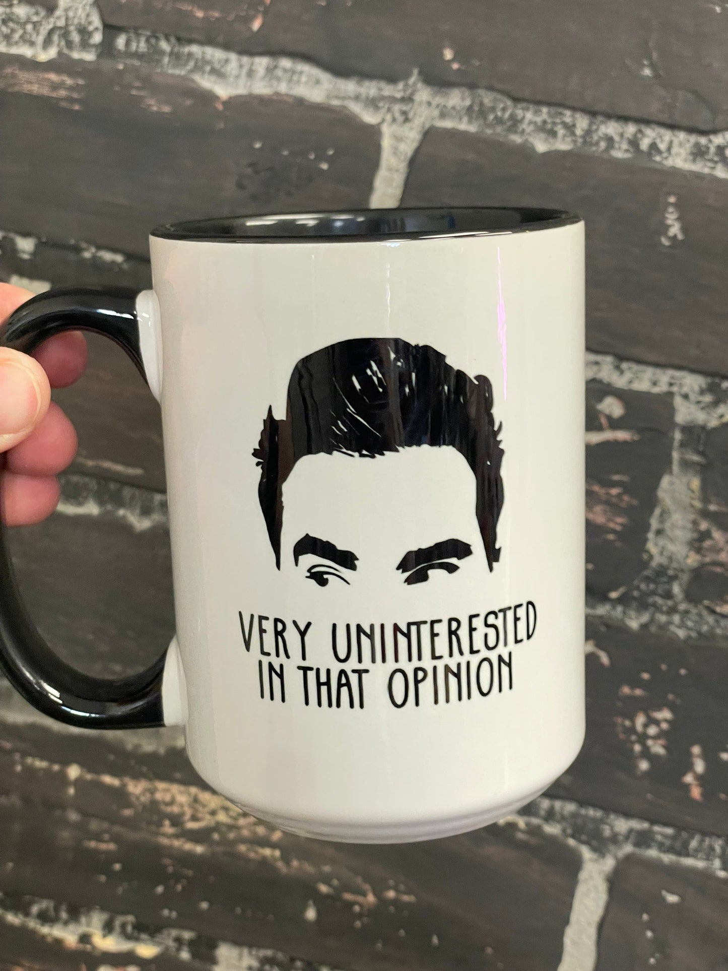 David Rose Schitt’s Creek Very uninterested in that opinion, Double sided 15oz dishwasher safe Coffee Mug